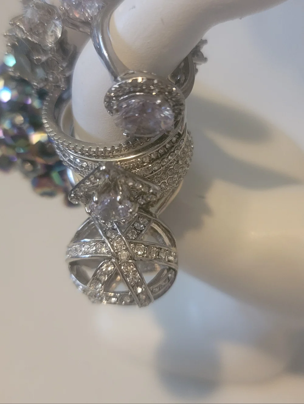 Silver Tone Statement Ring Lot | Mixed Sizes CZ Turquoise Cocktail Rings - Picture 4 of 6
